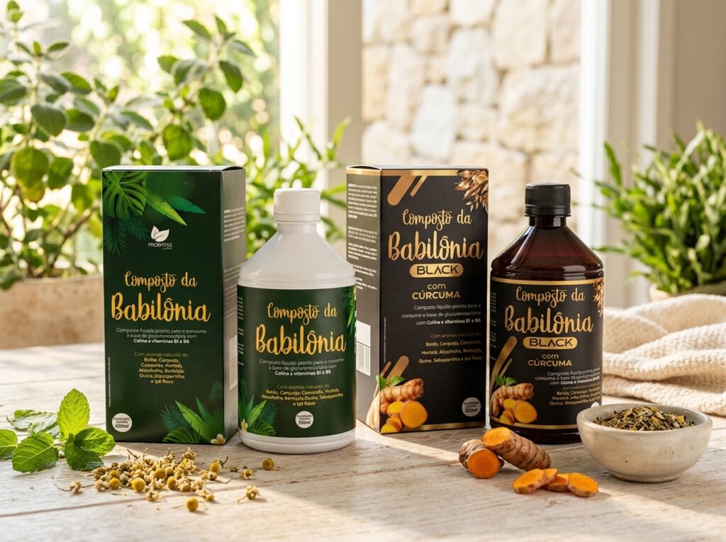 Composto da Babilônia em frasco e embalagem